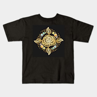 Golden Rose with Gemstones Isolated on Black Kids T-Shirt